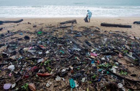 Plage polluée par le plastique