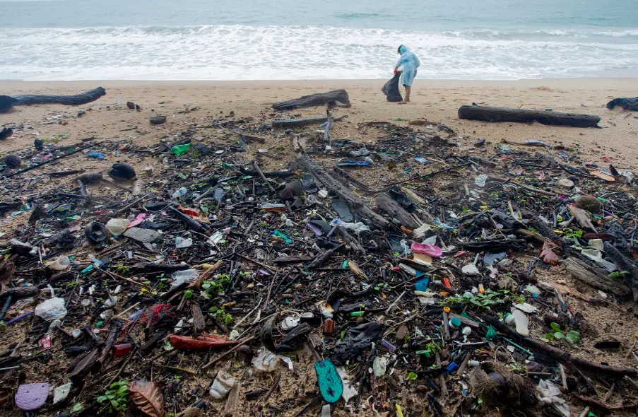 Plage polluée par le plastique