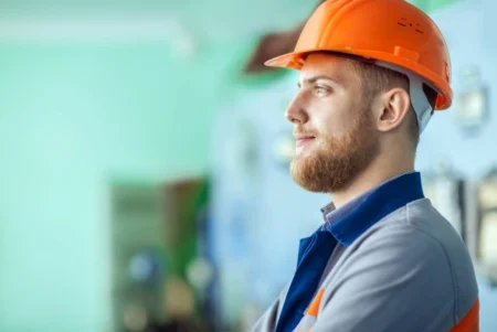 Homme avec un casque orange