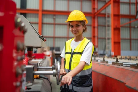 Portrait d'une ingénieure en automatisation debout dans l'industrie moderne