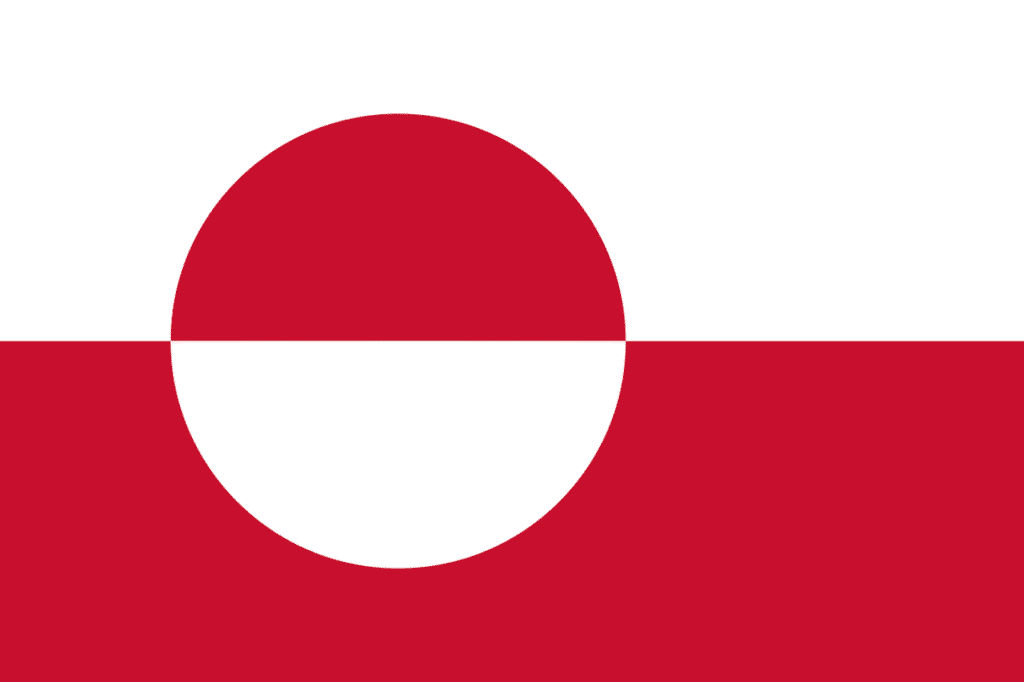 Groenland : drapeau deux bandes horizontales blanche et rouge, disque bicolore