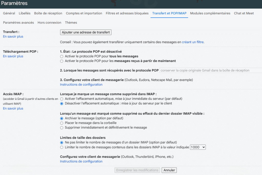 paramètres gmail protocole smtp pop imap