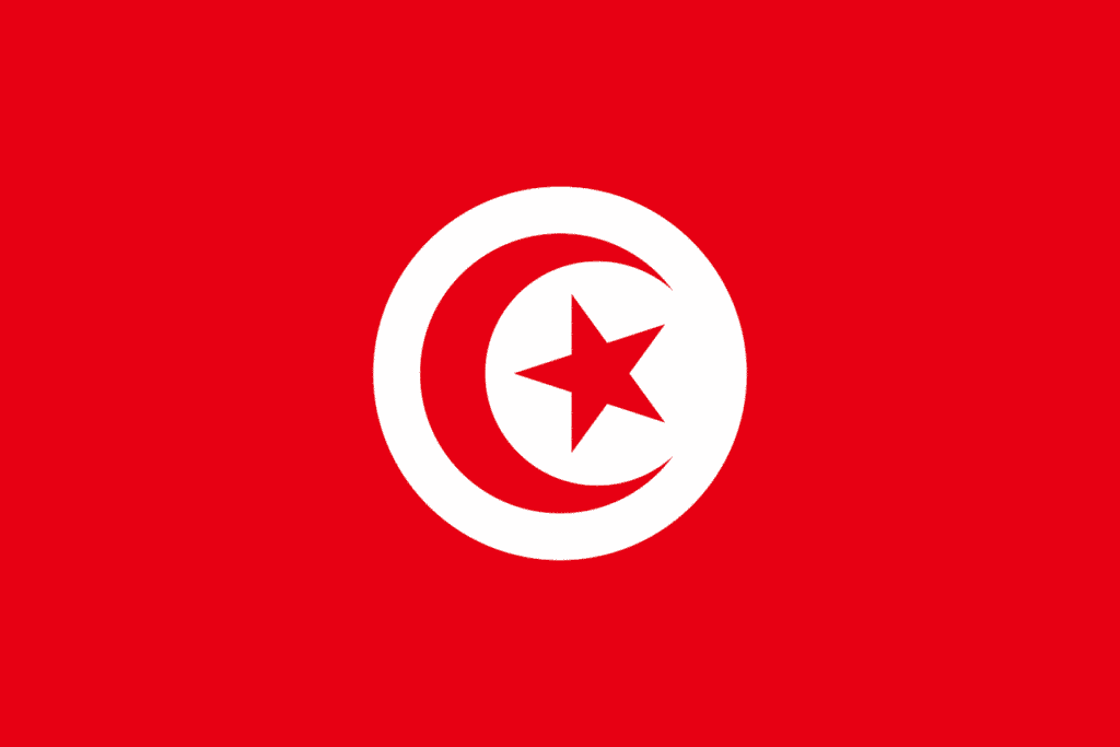 Tunisie : drapeau fond rouge, cercle blanc, croissant et étoile rouges