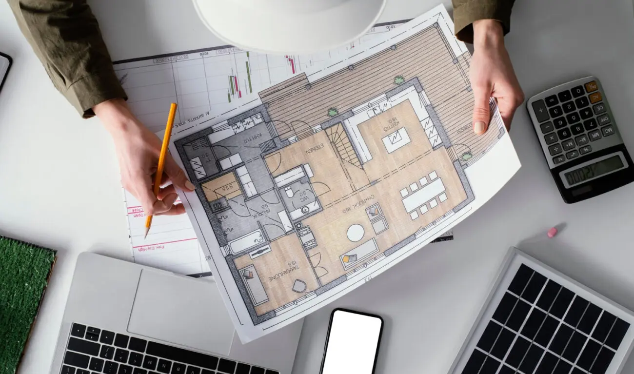 Femme travaillant sur les plans d'une maison moderne